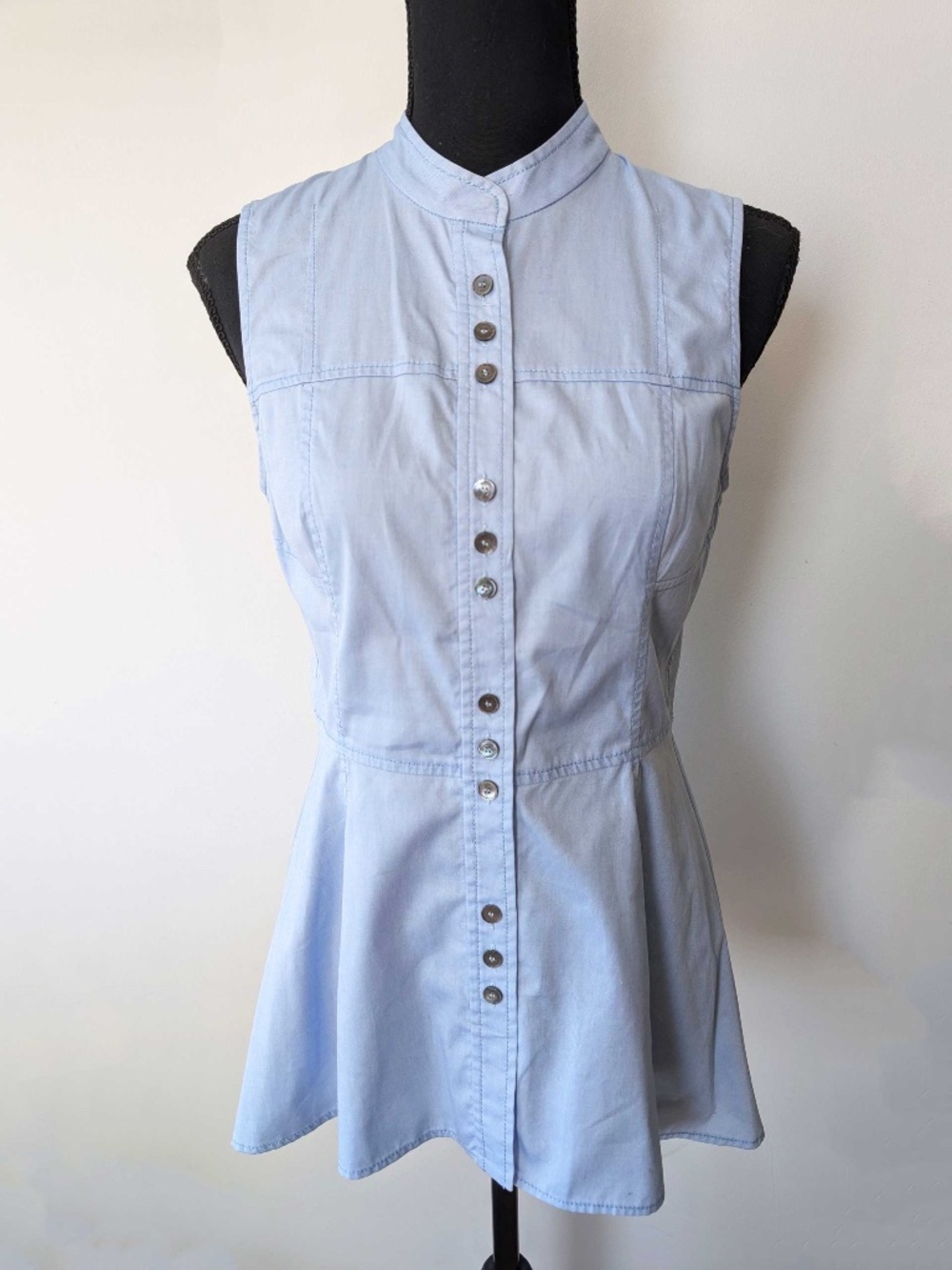 Derek Lam 10 Crosby Pastel Sky Blue Sleeveless Cotton Peplum Button Up Blouse